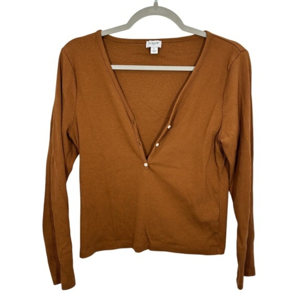 J. Crew Factory Long Sleeve Ribbed Henley Top Rust Brown Orange Size L Casual‎